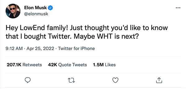 埃隆·马斯克收购推特。接下来会是 WebHostingTalk 的话题吗？